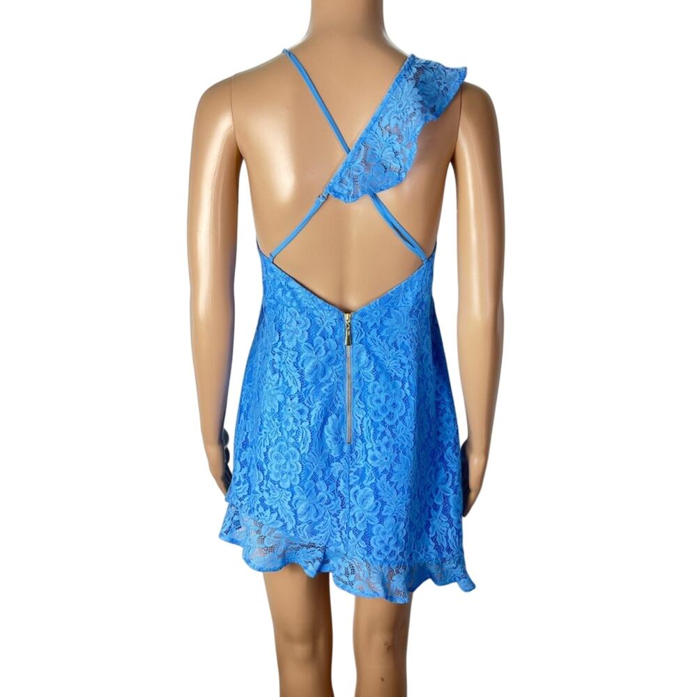 New Revolve NBD X NAVEN Cassandra Blue Lace Open Back Asymmetrical Mini Dress - Picture 4 of 13